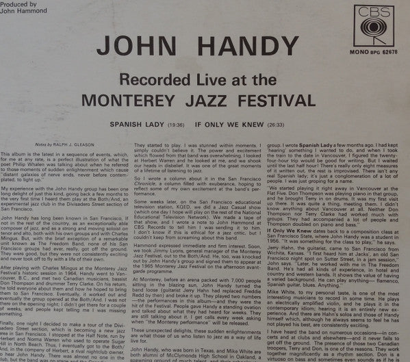 John Handy – Recorded Live At The Monterey Jazz Festival (VG/VG) – LP, UK - Image 2