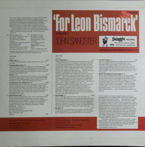 John Sangster – For Leon Bismarck Volume 1 (VG+/VG+) – LP, AU 1977 - Image 2