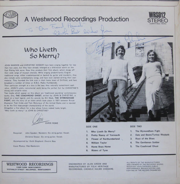 John Sawdon, Christine Dossor – Who Liveth So Merry? (VG+/VG+) – LP, UK 1972 - Image 2