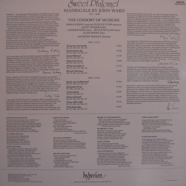 John Ward, The Consort Of Musicke, Anthony Rooley – Sweet Philomel (Madrigals By John Ward) (E/E) – LP, UK 1987 - Image 2