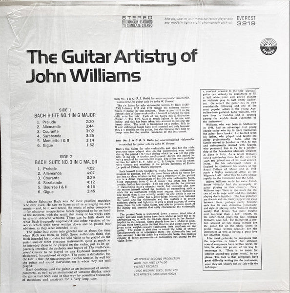 John Williams, Johann Sebastian Bach, Johann Sebastian Bach – The Guitar Artistry Of John Williams: Bach Suites No. 1 In G Major · Suite No. 3 In C Major (E/NM) – LP, US 1968 - Image 2