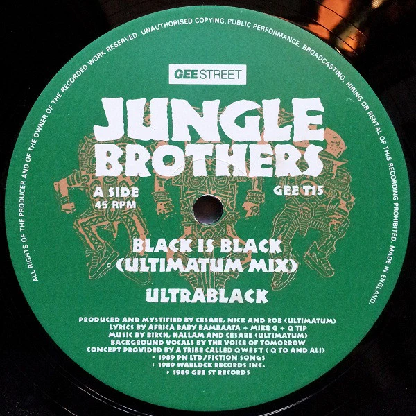 Jungle Brothers – Black Is Black / Straight Out The Jungle (Remixed By DJ Soul Shock) + In Time (VG/VG+) – 12", UK 1989 - Image 3