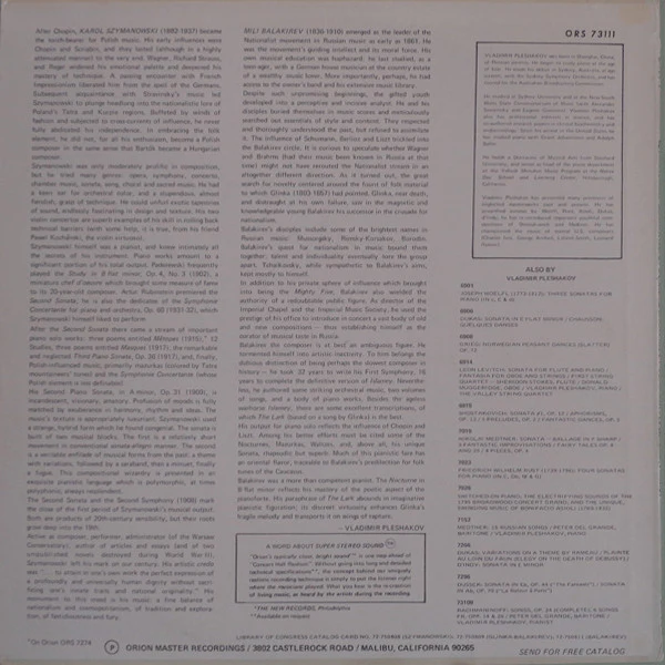 Karol Szymanowski, Mikhail Ivanovich Glinka, Mily Balakirev, Vladimir Pleshakov – Sonata No. 2 In A, Op. 21 / The Lark / Nocturne In B Flat (VG+/VG+) – LP, US 1973 - Image 2