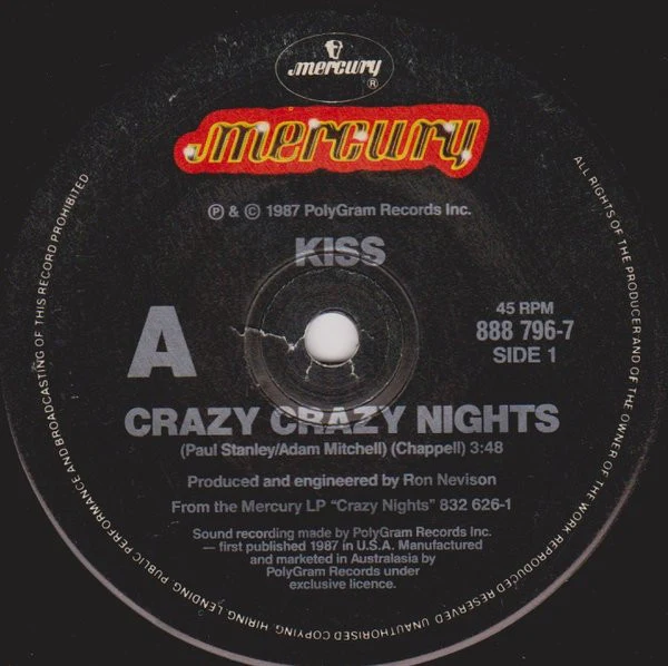 Kiss – Crazy Crazy Nights (VG/Generic) – 7", Australasia 1987