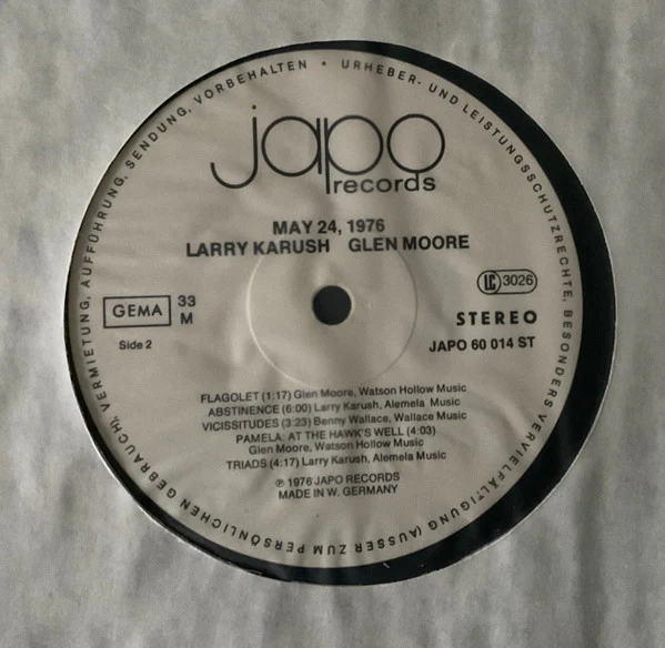 Larry Karush, Glen Moore – May 24, 1976 (VG/VG+) – LP, US 1976 - Image 2