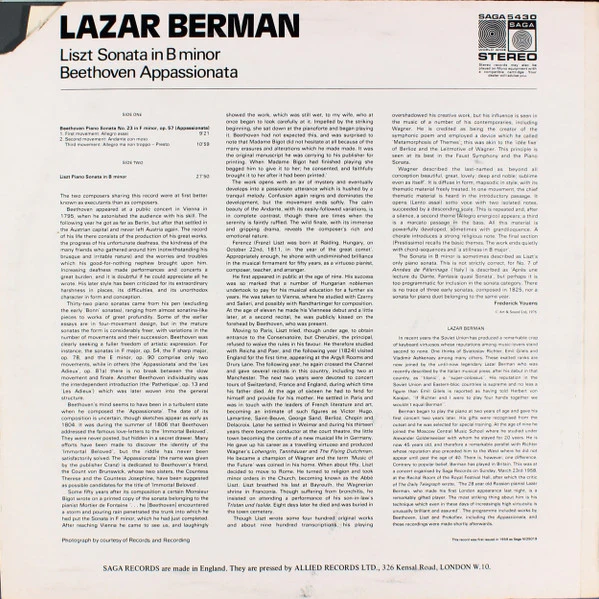 Lazar Berman, Franz Liszt, Ludwig van Beethoven – Sonata In B Minor • Appassionata (VG+/VG+) – LP, UK 1976 - Image 2
