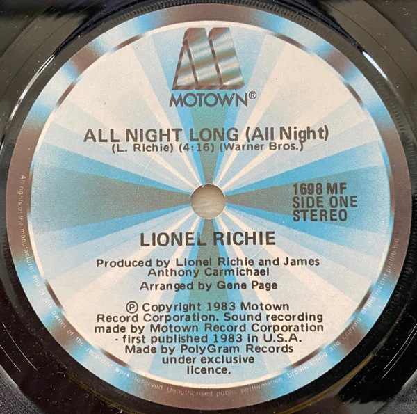 Lionel Richie – All Night Long (All Night) (VG+/Generic) – 7", AU 1983