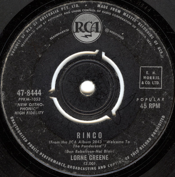 Lorne Greene – Ringo / Bonanza (VG/Generic) – 7", AU 1964