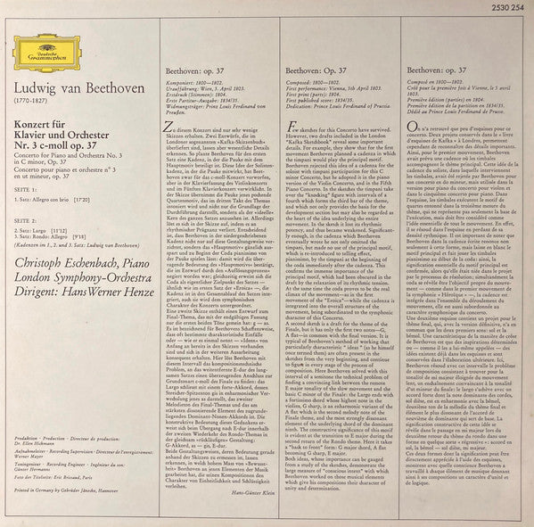 Ludwig van Beethoven, Christoph Eschenbach, London Symphony Orchestra, Hans Werner Henze – Klavierkonzert Nr. 3 C-moll = Piano Concerto No. 3 In C Minor (VG+/VG) – LP, EU 1972 - Image 2