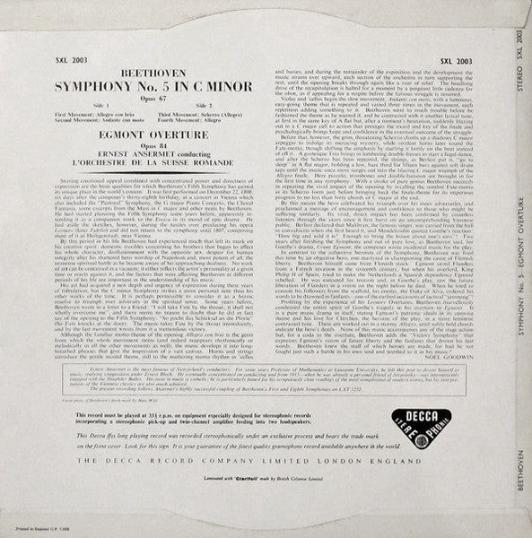 Ludwig van Beethoven, Ernest Ansermet, L'Orchestre De La Suisse Romande – Symphony No. 5 ∙ Egmont Overture (VG+/VG) – LP, UK 1960 - Image 2
