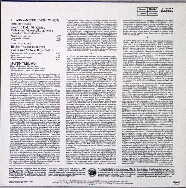 Ludwig van Beethoven, Haydn-Trio, Wien – Klaviertrios = Piano Trios = Trios Pour Piano Op.70 Nr. 1 »Geistertrio« = »Ghost« = »Fantôme« & Nr. 2 (VG+/VG+) – LP, DE 1987 - Image 2