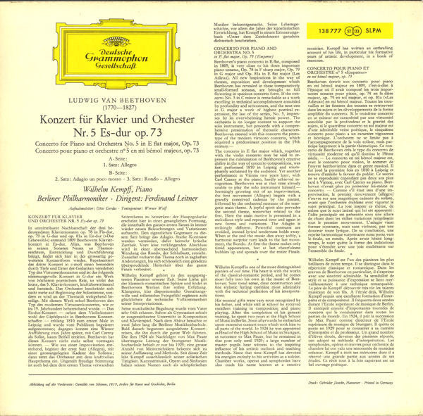 Ludwig van Beethoven, Wilhelm Kempff, Berliner Philharmoniker, Ferdinand Leitner – Klavierkonzert Nr. 5 Es-dur = Piano Concerto No. 5 In E Flat Major = Concerto Pour Piano Et Orchestre N°5 En Mi Bémol Majeur (VG+/VG+) – LP, DE 1973 - Image 2