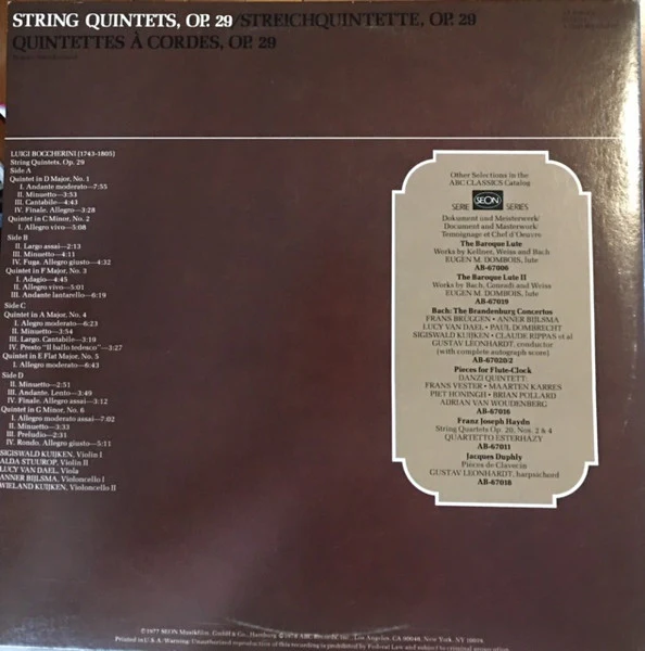 Luigi Boccherini, Sigiswald Kuijken, Alda Stuurop, Lucy van Dael, Anner Bylsma, Wieland Kuijken – String Quintets, Op. 29 = Streichquintette = Quintettes À Cordes (E/E) – 2xLP, US 1978 - Image 2