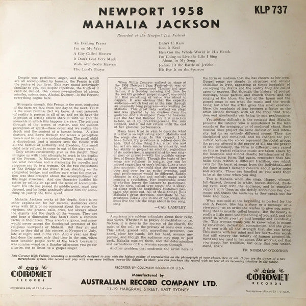 Mahalia Jackson – Newport 1958 (VG+/VG+) – LP, AU 1958 - Image 2