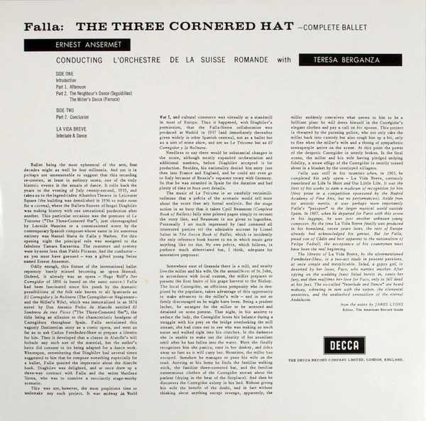 Manuel De Falla, Ernest Ansermet, L'Orchestre De La Suisse Romande, Teresa Berganza – The Three Cornered Hat (E/E) – LP, DE 1997 - Image 2