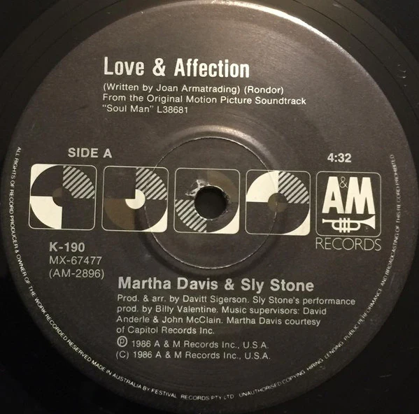 Martha Davis, Sly Stone, Rae Dawn Chong – Love And Affection (VG+/Generic) – 7", AU 1986
