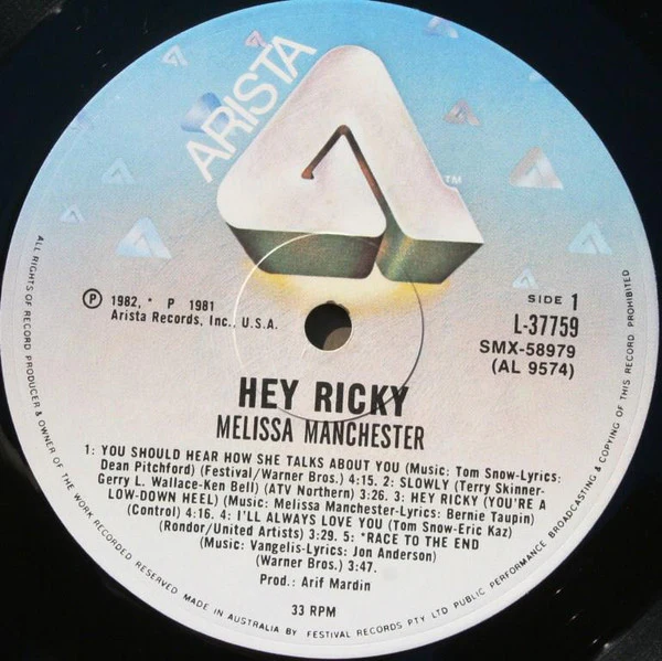 Melissa Manchester – Hey Ricky (VG+/VG+) – LP, AU 1982 - Image 3