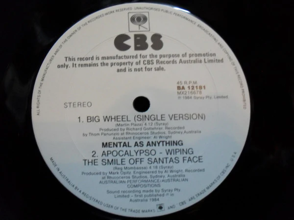 Mental As Anything – Big Wheel (VG+/VG+) – 12", AU 1984 - Image 2