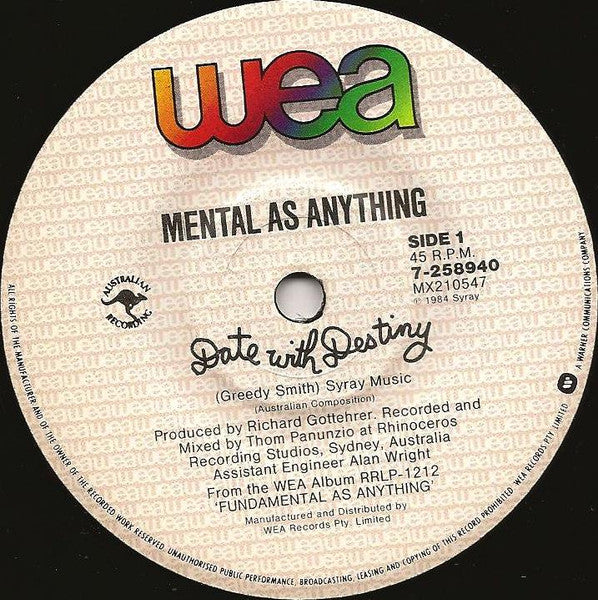 Mental As Anything – Date With Destiny (VG+/E) – 7", AU 1984 - Image 4
