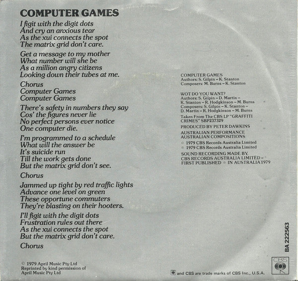Mi-Sex – Computer Games (VG+/Generic) – 7", AU 1979 - Image 2