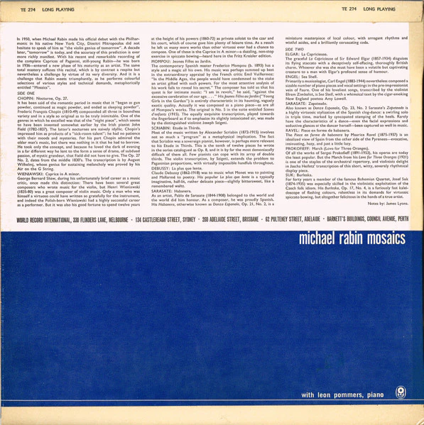 Michael Rabin, Leon Pommers – Mosaics (VG+/VG+) – LP, AU 1962 - Image 2