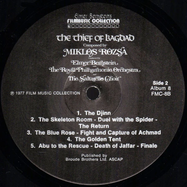 Miklós Rózsa, Elmer Bernstein, The Royal Philharmonic Orchestra, The Saltarello Choir – The Thief Of Bagdad (VG+/VG+) – LP, US 1977 - Image 4