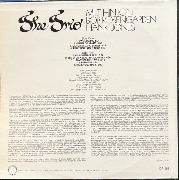 Milt Hinton, Bobby Rosengarden, Hank Jones – The Trio (E/VG) – LP, US 1977 - Image 2