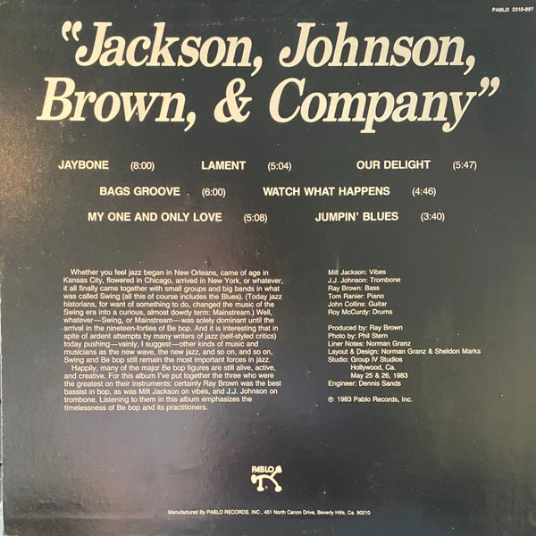 Milt Jackson, J.J. Johnson, Ray Brown – Jackson, Johnson, Brown, & Company (VG+/VG+) – LP, US 1983 - Image 2
