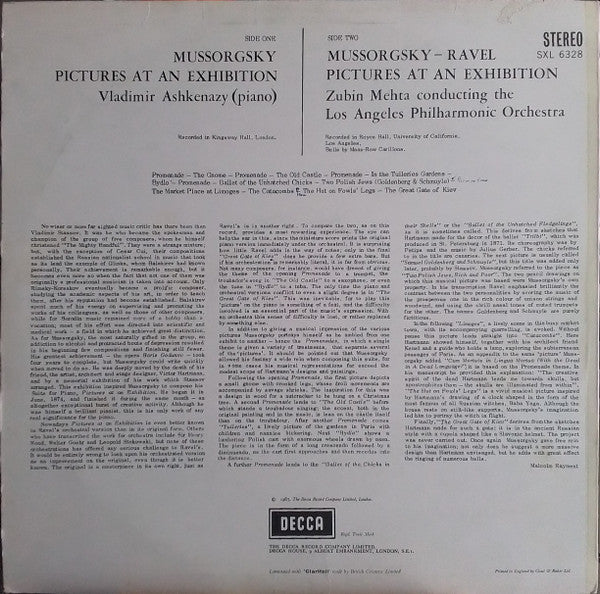 Modest Mussorgsky, Vladimir Ashkenazy, Zubin Mehta, Los Angeles Philharmonic Orchestra – Two Complete Performances Of Pictures At An Exhibition (VG+/VG+) – LP, AU - Image 2