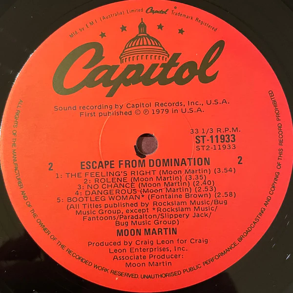 Moon Martin – Escape From Domination (VG+/VG) – LP, AU 1979 - Image 4