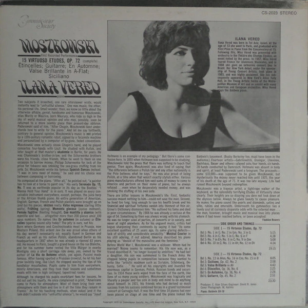 Moritz Moszkowski, Ilana Vered – 15 Virtuoso Études, Op. 72 (VG+/VG) – LP, US 1970 - Image 4