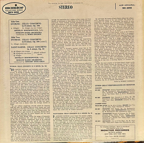 Mstislav Rostropovich, Antonín Dvořák, Camille Saint-Saëns, Большой Симфонический Оркестр Всесоюзного Радио, Boris Khaikin, Григорий Столяров – Rostropovich Plays Dvorak & Saint-Saens / Concerti For Cello And Orchestra (G+/VG) – LP, US 1966 - Image 2