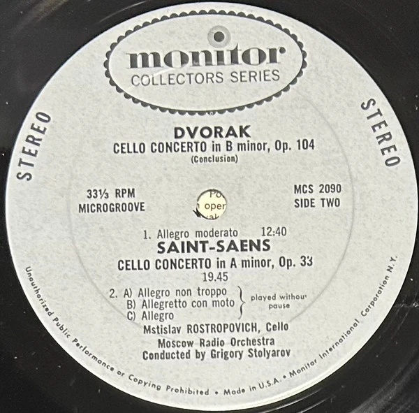 Mstislav Rostropovich, Antonín Dvořák, Camille Saint-Saëns, Большой Симфонический Оркестр Всесоюзного Радио, Boris Khaikin, Григорий Столяров – Rostropovich Plays Dvorak & Saint-Saens / Concerti For Cello And Orchestra (G+/VG) – LP, US 1966 - Image 4