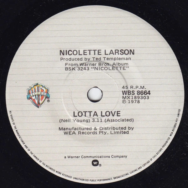 Nicolette Larson – Lotta Love (E/Generic) – 7", AU 1978