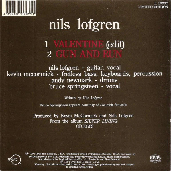 Nils Lofgren – Valentine (VG+/VG+) – 7", AU 1991 - Image 2