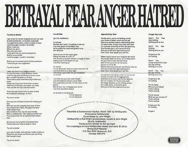 Nomeansno – Betrayal Fear Anger Hatred (VG+/VG+) – 7", CA 1992 - Image 4