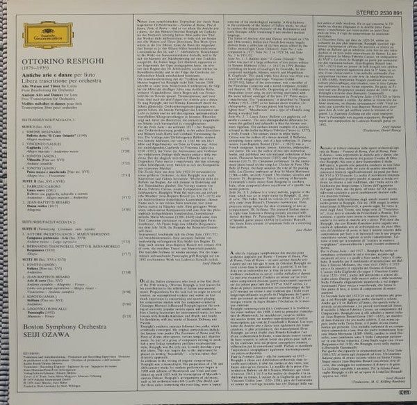 Ottorino Respighi, Boston Symphony Orchestra, Seiji Ozawa – Antiche Arie E Danze = Ancient Airs And Dances (VG+/VG+) – LP, DE 1979 - Image 2