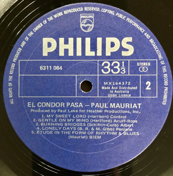 Paul Mauriat And His Orchestra – El Condor Pasa (E/VG+) – LP, AU 1971 - Image 4