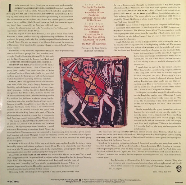 Paul Simon – Graceland (VG/VG+) – LP, ZA 1986 - Image 2