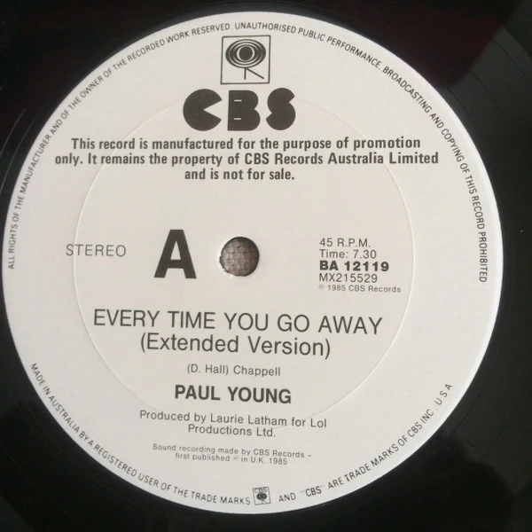 Paul Young – Every Time You Go Away (Extended Remix Version) (E/E) – 12", AU 1985 - Image 3