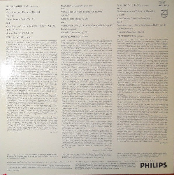Pepe Romero, Mauro Giuliani – Handel Variations, Op. 107 / Gran Sonata Eroica Etc. (E/VG+) – LP, EU 1978 - Image 2