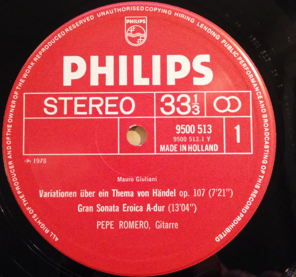 Pepe Romero, Mauro Giuliani – Handel Variations, Op. 107 / Gran Sonata Eroica Etc. (E/VG+) – LP, EU 1978 - Image 3