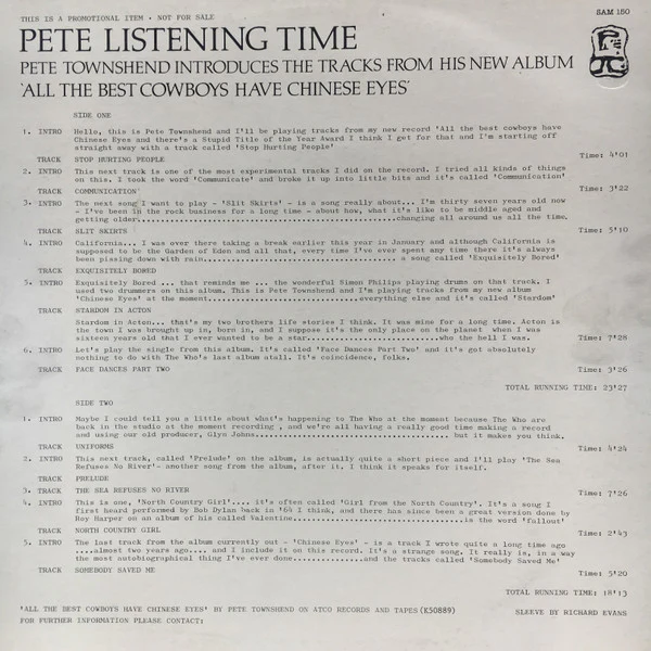 Pete Townshend – Pete Listening Time (VG+/VG+) – LP, UK 1982 - Image 2