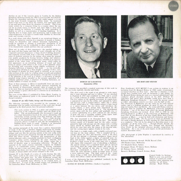 Peter Sculthorpe, Dorian Le Gallienne, Melbourne Symphony Orchestra, John Hopkins – Sun Music I • Irkanda IV / Sinfonietta (VG+/VG) – LP, AU 1965 - Image 2