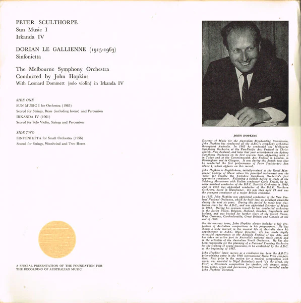 Peter Sculthorpe, Dorian Le Gallienne, Melbourne Symphony Orchestra, John Hopkins – Sun Music I • Irkanda IV / Sinfonietta (VG+/VG) – LP, AU 1965 - Image 3