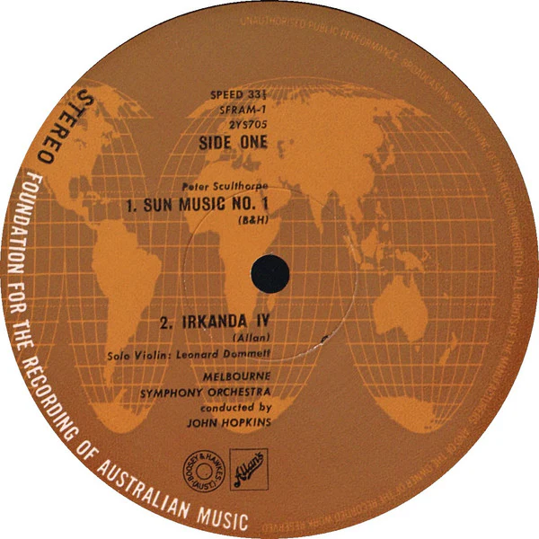 Peter Sculthorpe, Dorian Le Gallienne, Melbourne Symphony Orchestra, John Hopkins – Sun Music I • Irkanda IV / Sinfonietta (VG+/VG) – LP, AU 1965 - Image 5