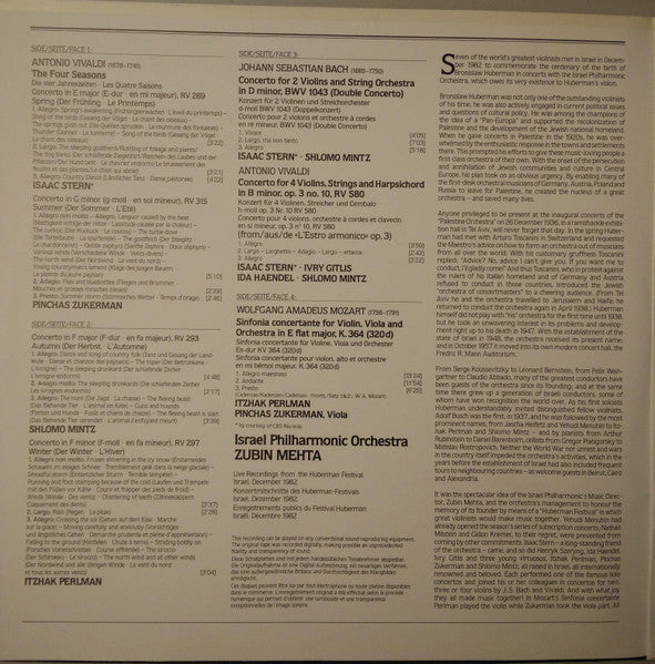 Pinchas Zukerman, Isaac Stern, Itzhak Perlman, Shlomo Mintz, Israel Philharmonic Orchestra, Zubin Mehta, Antonio Vivaldi, Johann Sebastian Bach, Wolfgang Amadeus Mozart – The Four Seasons · Concerto For 4 Violins / Double Concerto / Sinfonia... - Image 2