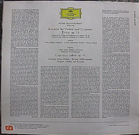 Pyotr Ilyich Tchaikovsky, Christian Ferras, Herbert von Karajan, Berliner Philharmoniker – Violinkonzert D-dur Op. 35 / Capriccio Italien Op. 45 (VG+/VG+) – LP, DE 1974 - Image 2