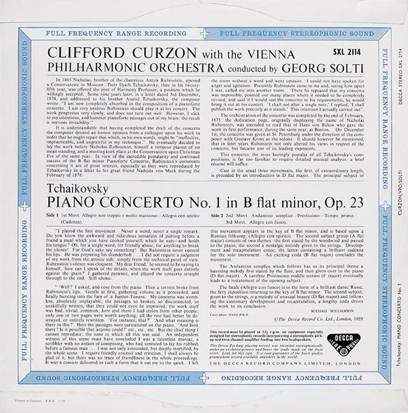 Pyotr Ilyich Tchaikovsky, Clifford Curzon, Wiener Philharmoniker, Georg Solti – Piano Concerto No. 1 (VG/G+) – LP, UK 1959 - Image 2