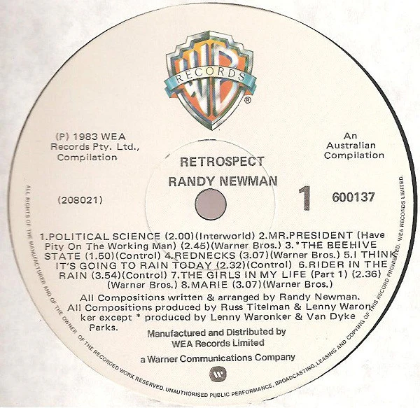 Randy Newman – Retrospect (VG+/VG+) – LP, AU 1983 - Image 2